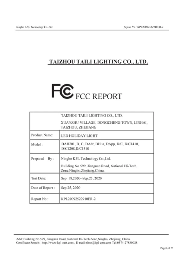 LED 节日灯 · FCC 测试报告（2020）原件预览